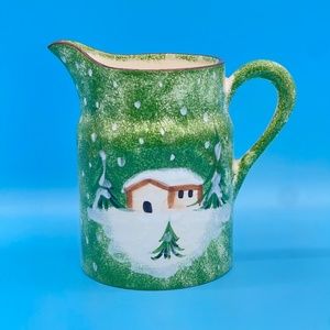 Vintage Macys The Cellar Log Cabin Large 56 oz Ceramic Pitcher Holiday Christmas